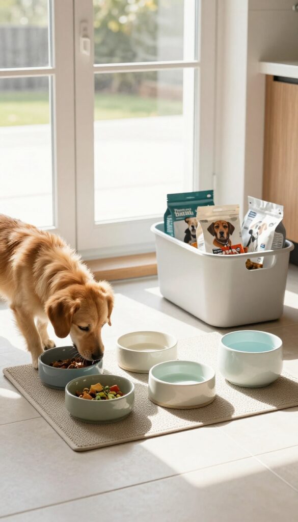 Clean kitchen feeding station with raised dog bowls on a mat and organized storage