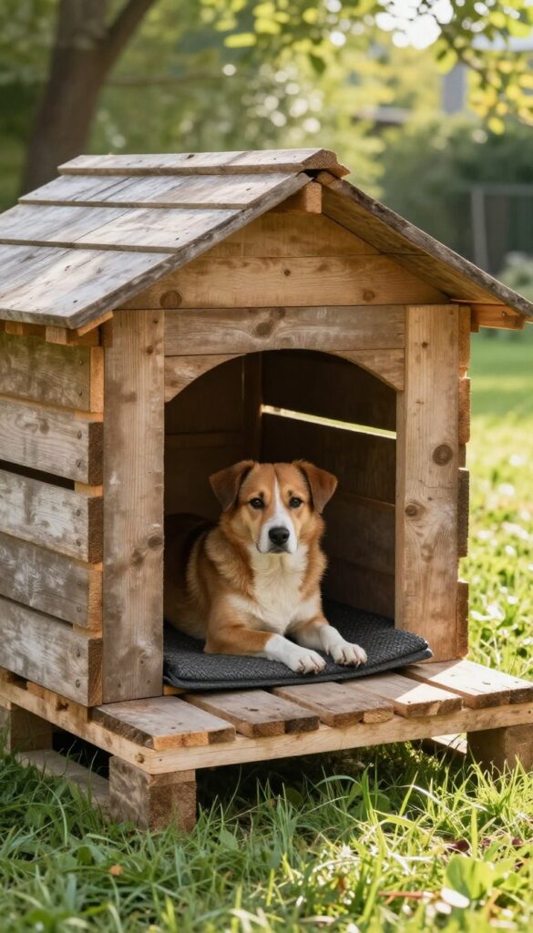 Rustic pallet dog house with built-in porch in sunny backyard, dog resting on porch