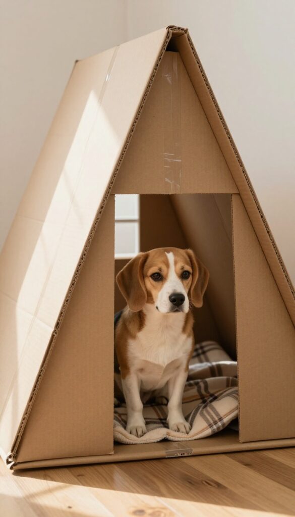 A small dog peeking out from a cardboard A-frame cabin house