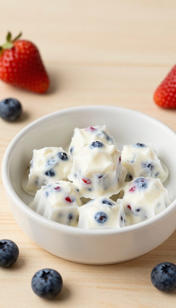 A bowl of frozen yogurt berry dog treats with blueberries and strawberries, arranged on a wooden surface in natural light, representing a homemade dog snack recipe.