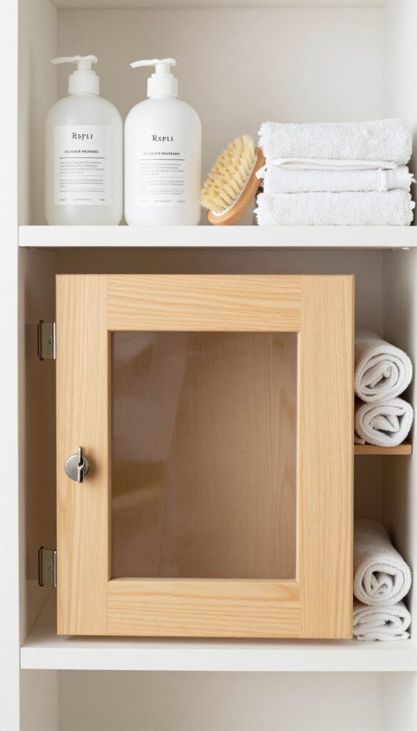 A close-up view of a child-proof lock on a wooden cabinet door, showing organized dog grooming supplies inside, emphasizing safety and tidiness for pet owners.