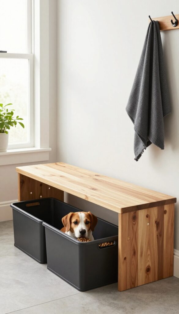 A modern entryway bench with under-bench storage compartments for dog food, showcasing a clean and organized pet-friendly home setup.