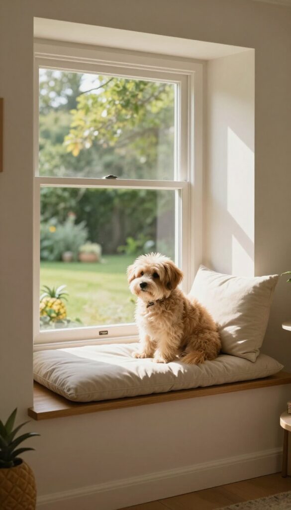 Dog resting on built-in window seat cushion looking outside