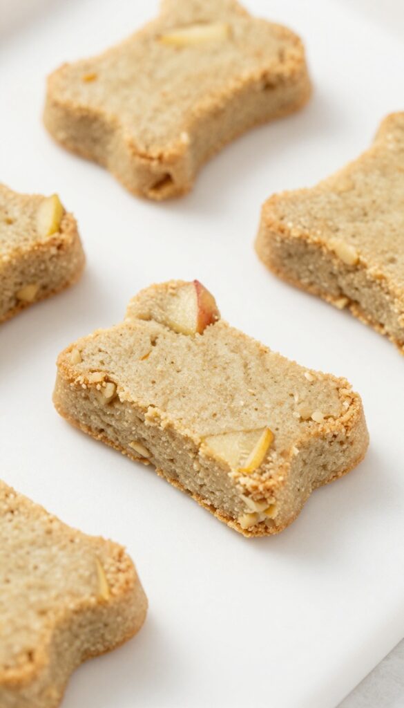 A homemade apple oat dog cake slice on a plain surface, showing soft texture with apple bits, suitable for dog birthdays or gotcha days.