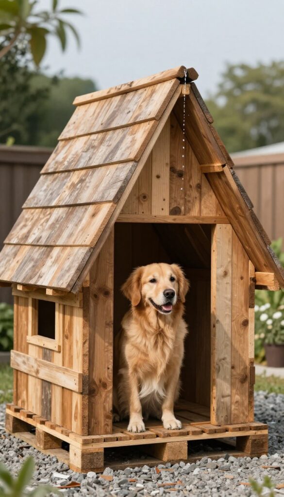 Classic A-frame pallet dog house in backyard with golden retriever