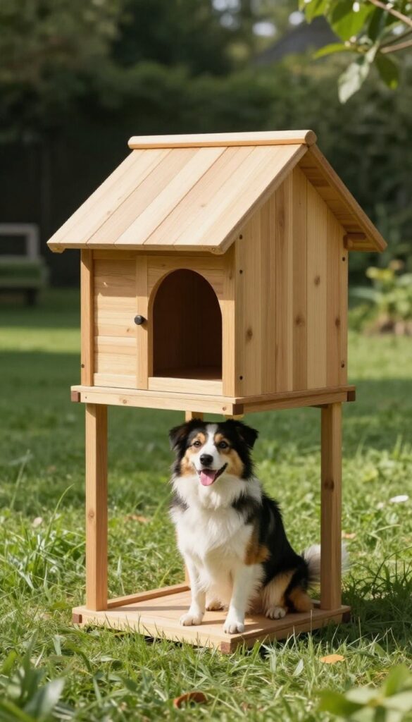 Elevated wooden dog house with open gap underneath for airflow in a sunny backyard
