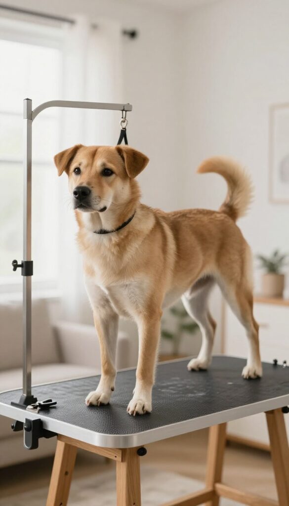A dog safely restrained by a low-cost grooming arm on a table during at-home grooming, showcasing DIY setup with natural light and clean composition.