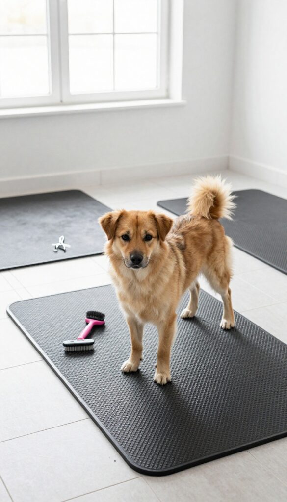 A dog stands securely on textured rubber mats in a home grooming zone, with grooming tools visible, illustrating safe and comfortable non-slip flooring for pet care