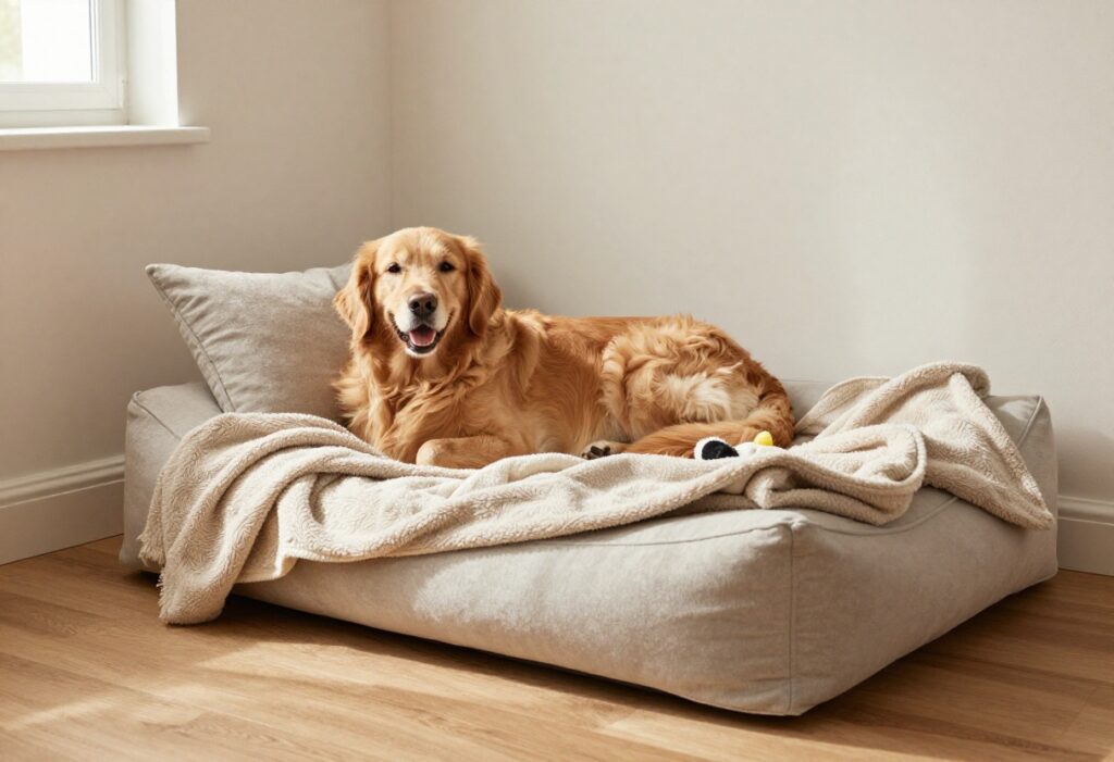 Cozy dog corner with a golden retriever resting on a plush bed in a sunlit living room.