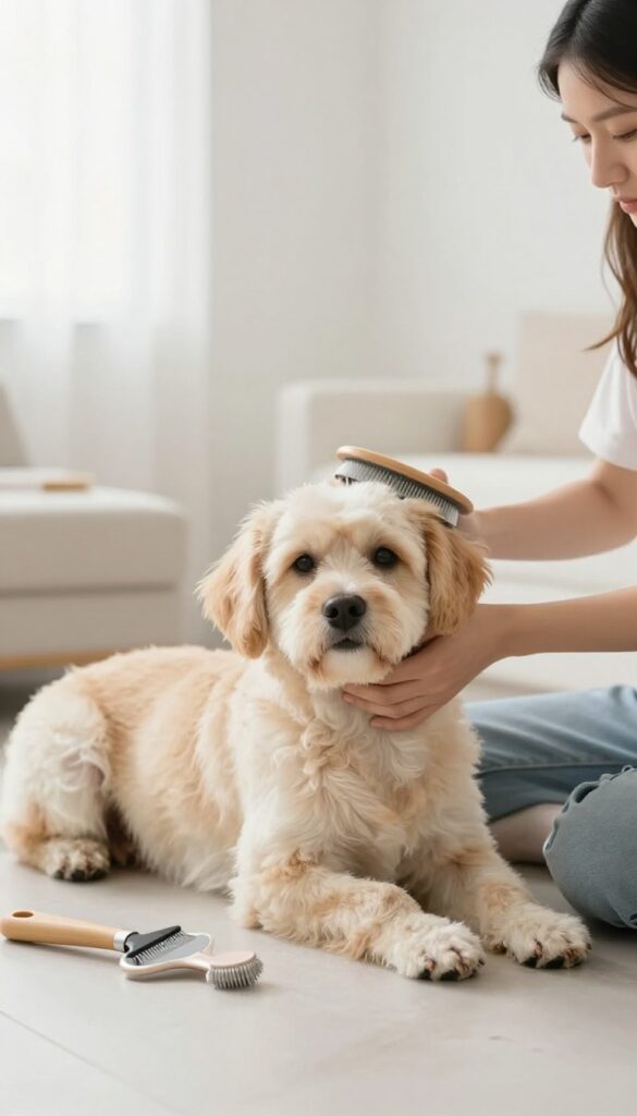A realistic photo of two people grooming a dog together at home, with one brushing and another distracting the dog with treats in a bright, natural-lit room.