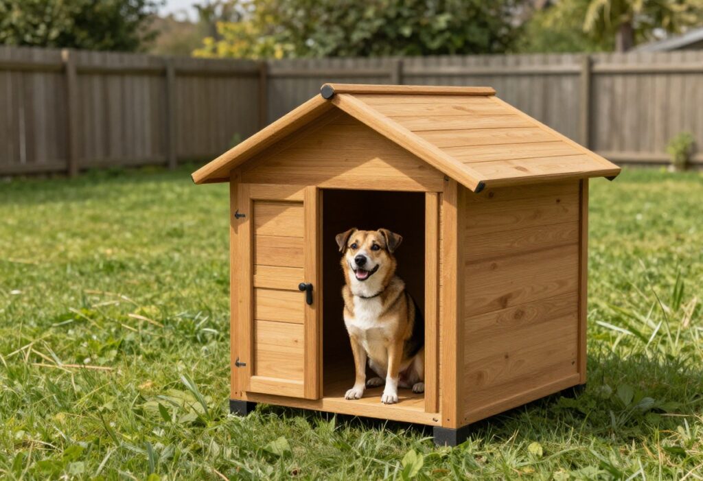 Modern insulated dog house in backyard with happy dog sitting on porch