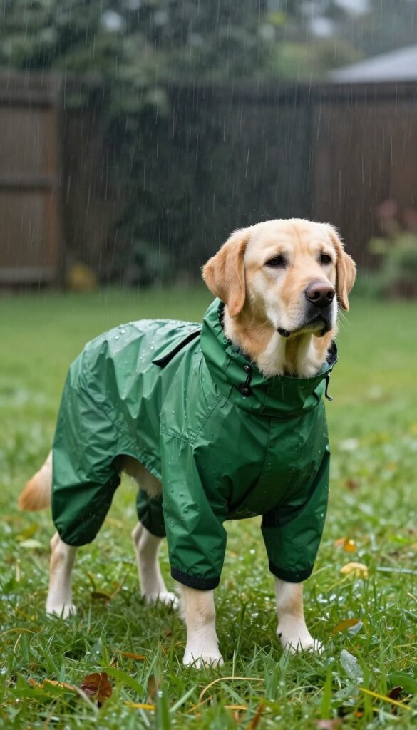 A dog wearing a homemade raincoat made from an old jacket, standing in the rain in a backyard, showcasing a budget-friendly DIY dog accessory for rainy walks.