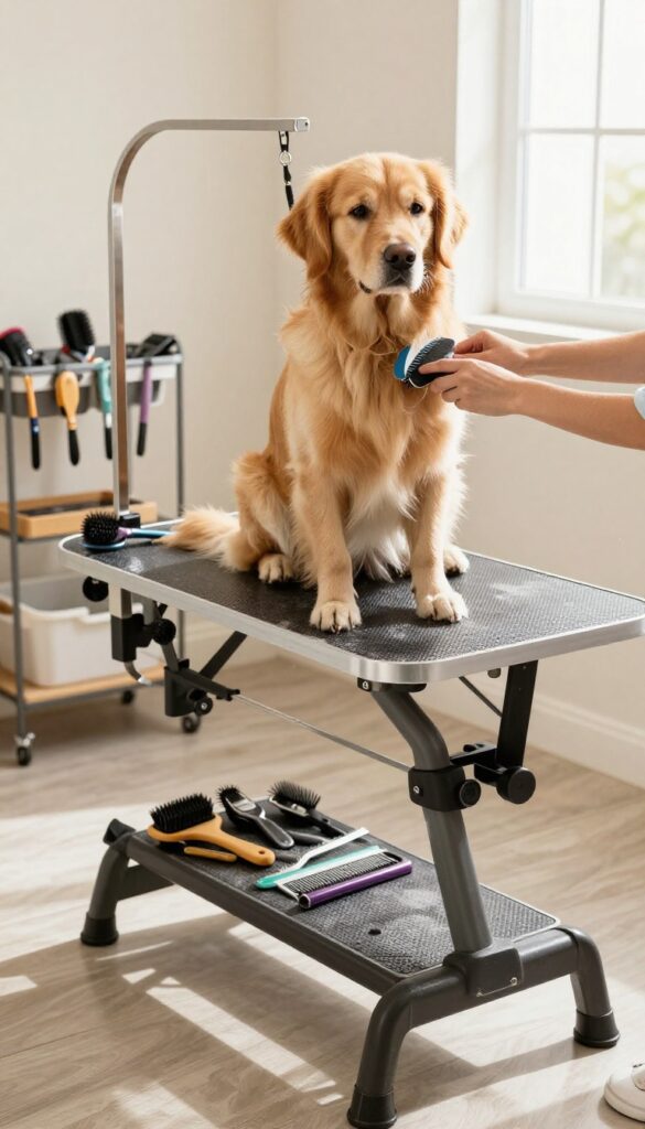 Dog grooming station with golden retriever on non-slip mat table, tools organized in caddy, natural light