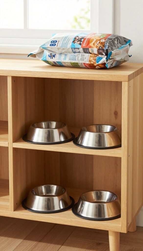 A wooden dog food storage cabinet with separate bowl compartments for multiple dogs, shown in a bright kitchen setting with natural light.