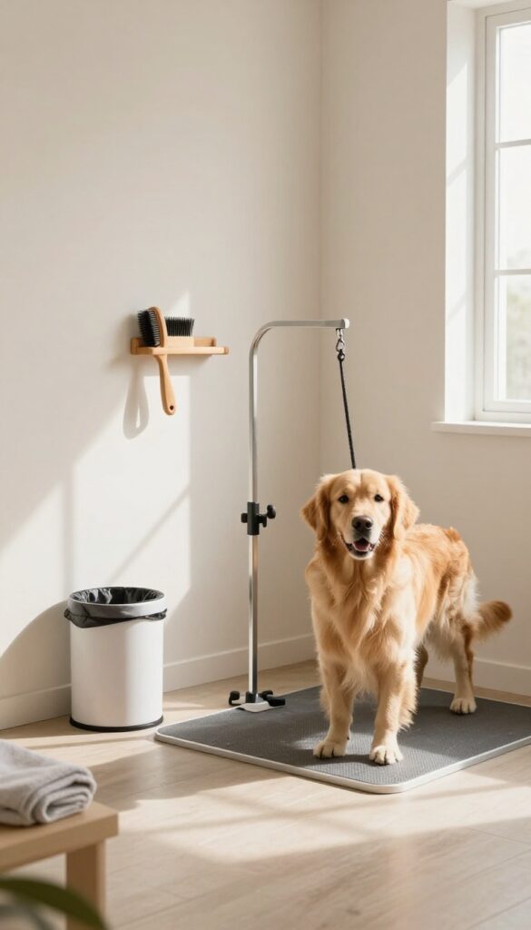 Dog grooming station in a corner with Golden Retriever standing on non-slip mat, brushes on wall, small trash bin, natural light