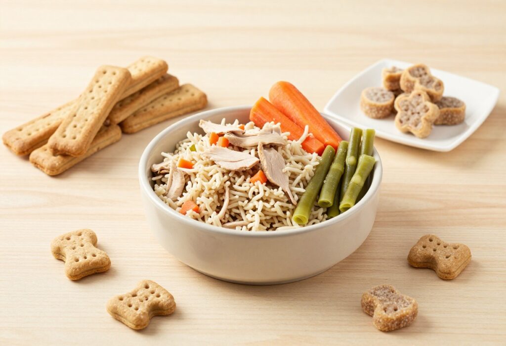 A homemade dog food and treats scene with a chicken and rice bowl, biscuits, and snack bites on a wooden table, representing recipes for dogs.