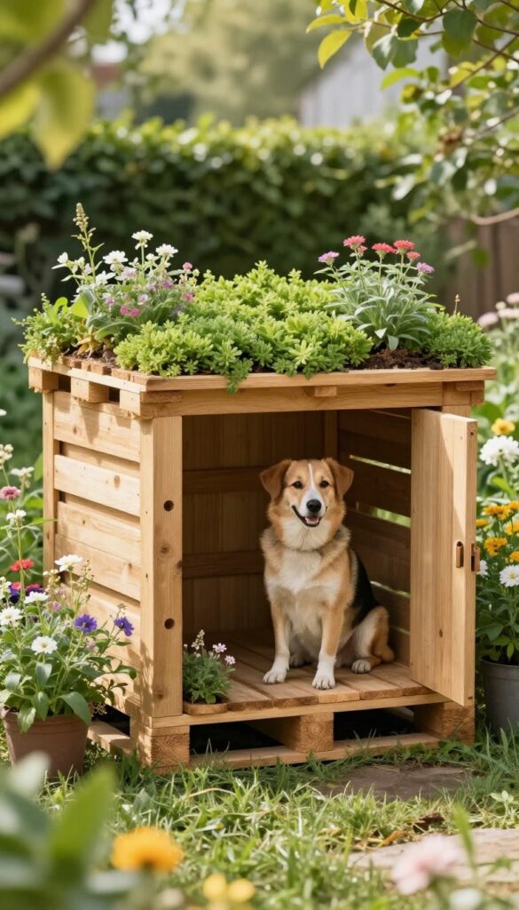 Rustic pallet dog house with a green roof in a sunny garden, surrounded by flowers and greenery
