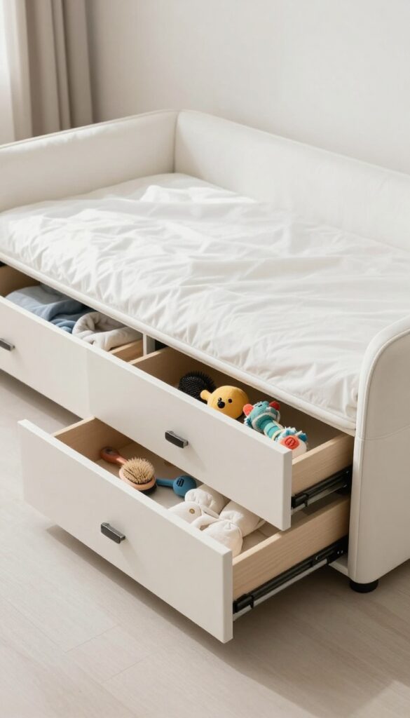 A photorealistic image of a dog bed with under-bed drawers in a tidy home setting, showcasing hidden storage for pet essentials.