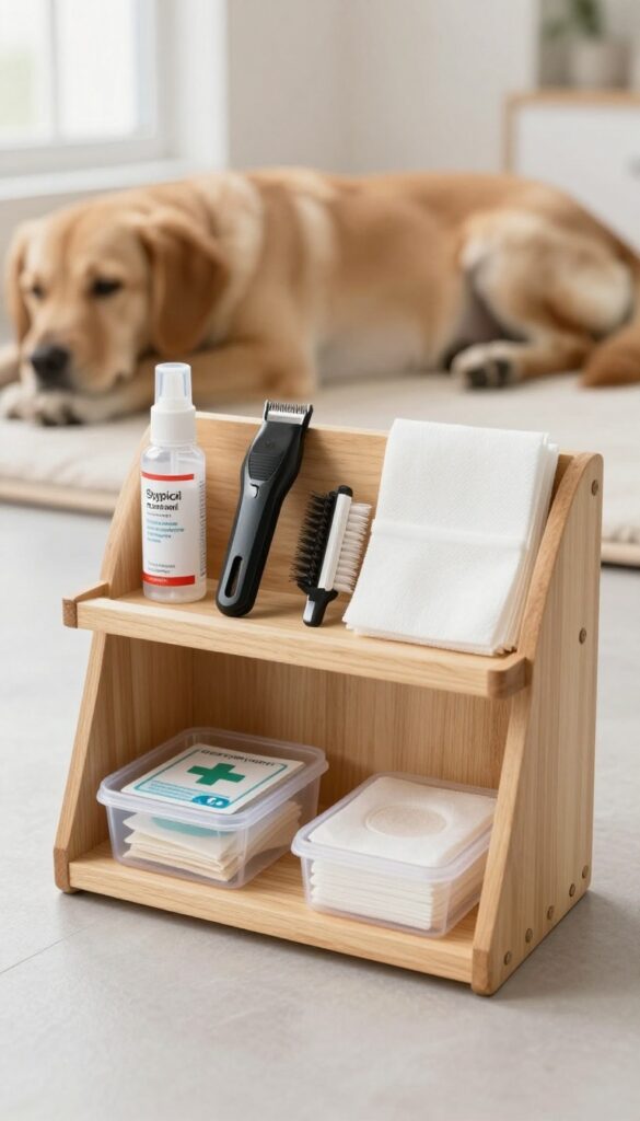 A well-organized first-aid kit for dog grooming mishaps, featuring essential supplies like styptic powder and bandages, placed on a shelf with grooming tools in bright natural light.