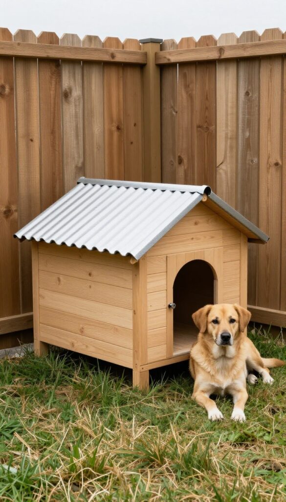 A lean-to dog house attached to a fence in a small backyard