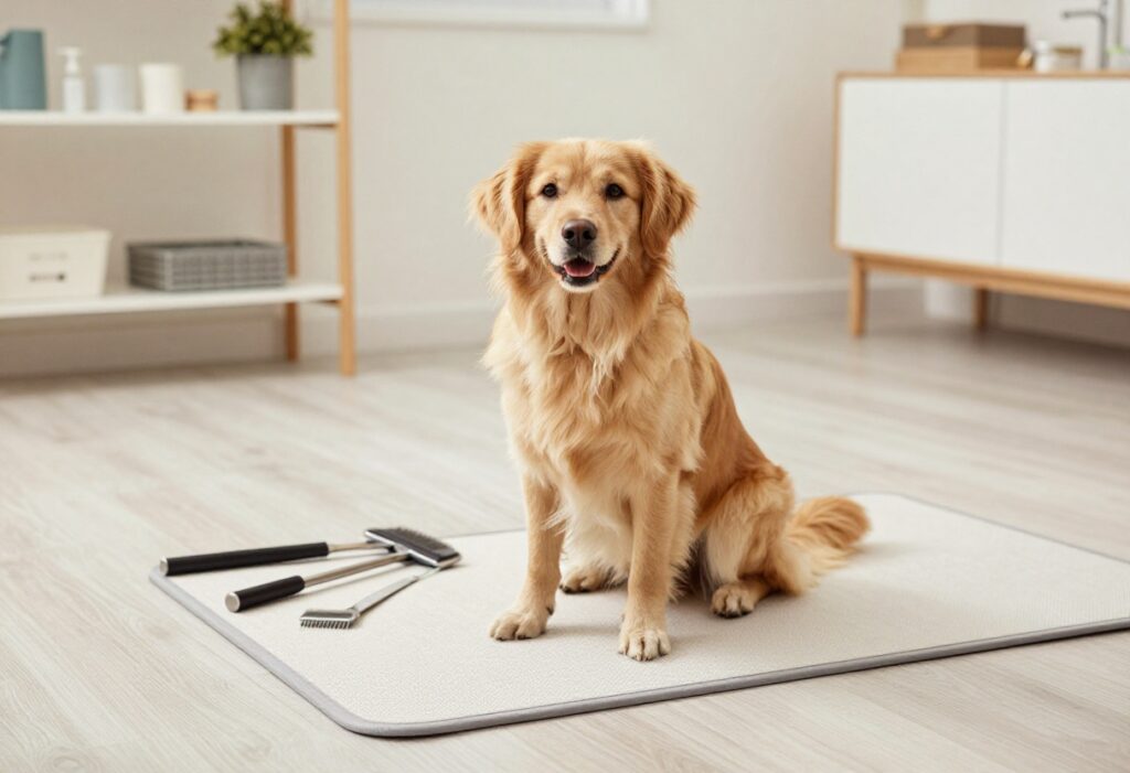 A well-groomed dog in a home grooming setup with tools and a non-slip mat, looking content and clean.