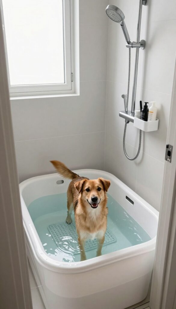 A portable dog grooming tub inside a shower, showing a dog being bathed with grooming tools nearby in a bright, clean bathroom setting.