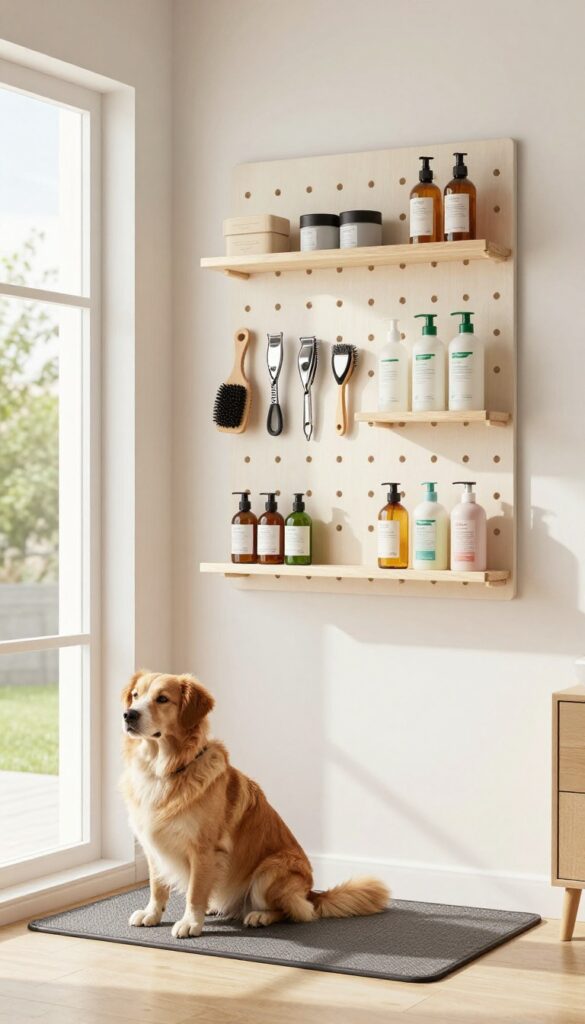 A well-organized wall storage setup in a backyard shed for dog grooming tools, featuring pegboards and shelves with brushes and supplies, accompanied by a calm dog in natural light.