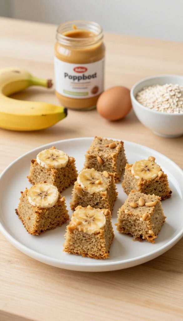 Homemade peanut butter banana dog cake with ingredients, cut into small pieces on a white plate, for a dog recipe blog.