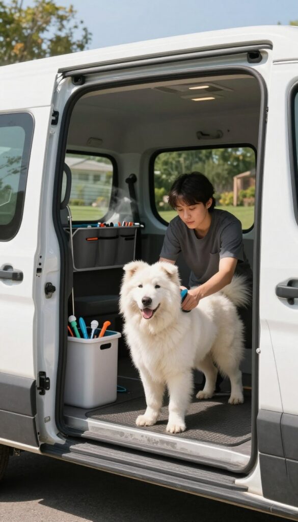 A mobile dog grooming van providing convenient at-home service, with a groomer brushing a dog in a clean, well-lit setup to illustrate premium pricing for stress-free pet care.