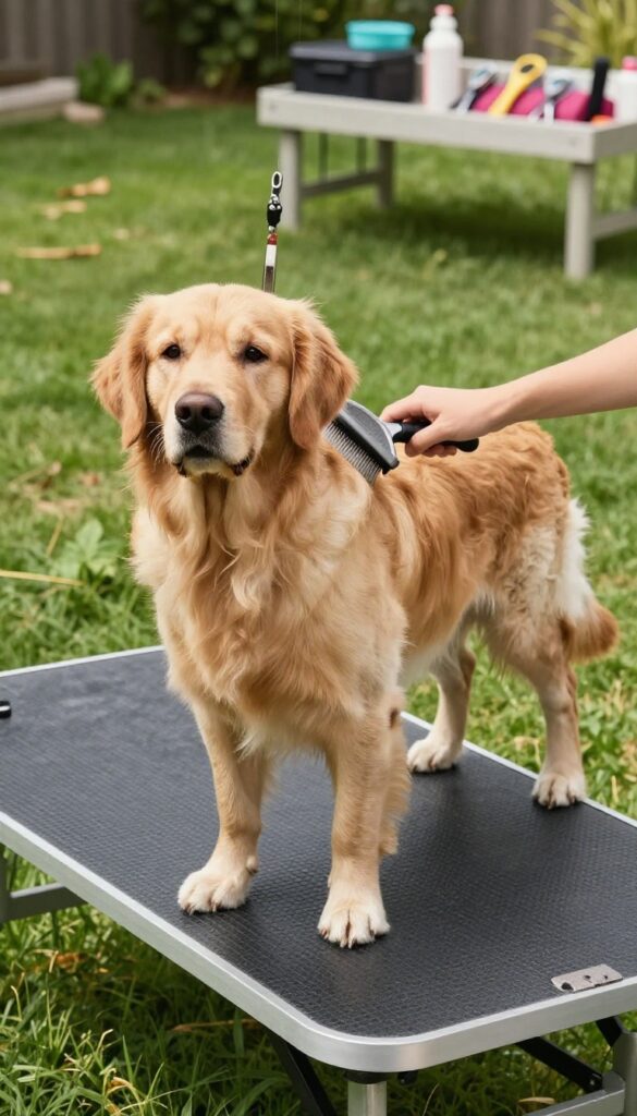A Golden Retriever being groomed on a dedicated table in a sunny backyard setup, showcasing practical dog grooming tips for owners.