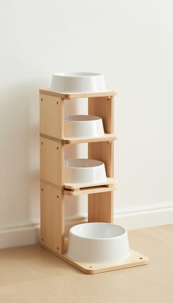 A mid-century modern modular dog feeder set with stackable wooden blocks and adjustable bowls on a washable mat, designed for customizable feeding stations in bright natural light.
