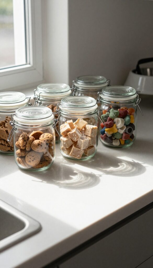 Clear glass jars filled with dog treats on a kitchen counter, organized and visible for easy access during training or feeding time.