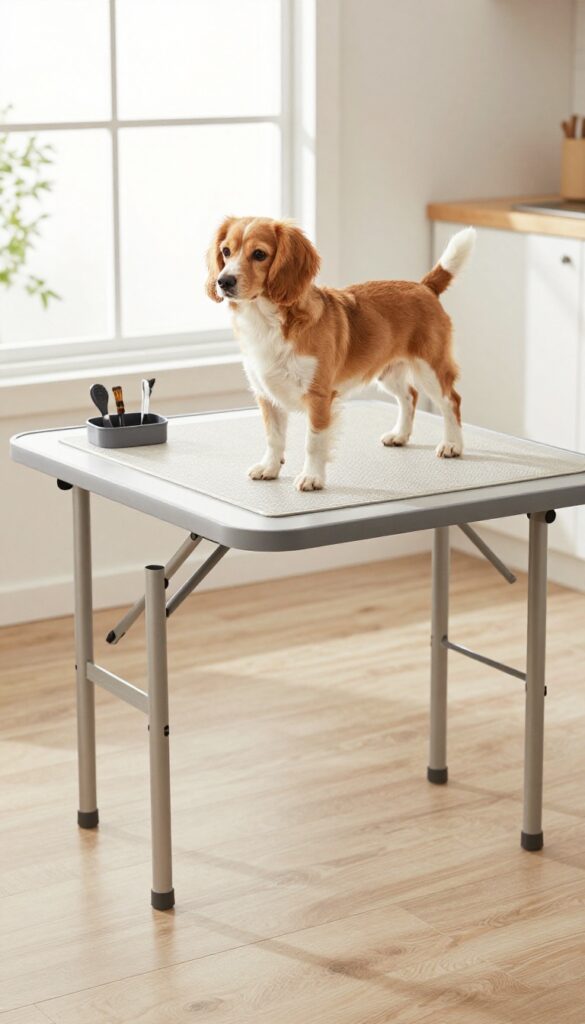A small to medium-sized dog standing calmly on a foldable card table with a non-slip mat in a bright, clean indoor setting, showcasing an easy DIY grooming station for home use.