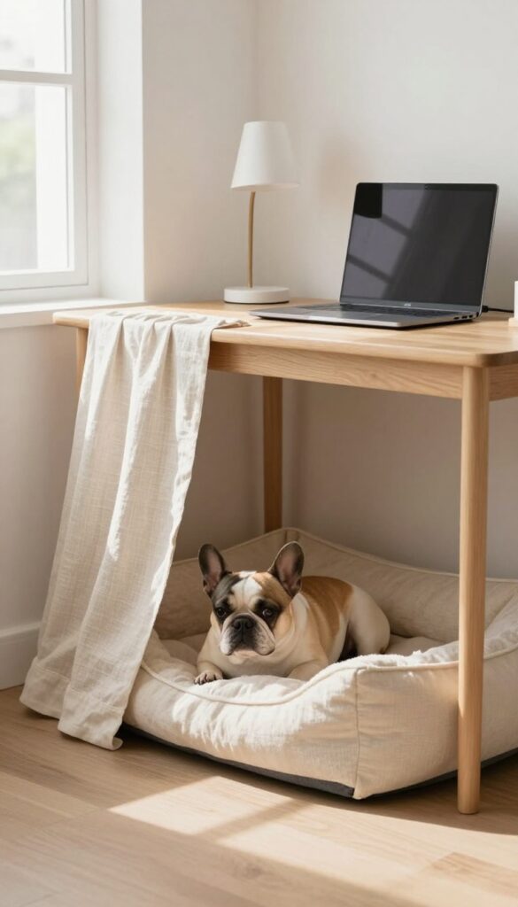 Small under-desk dog den with cozy bed and curtain for privacy in apartment