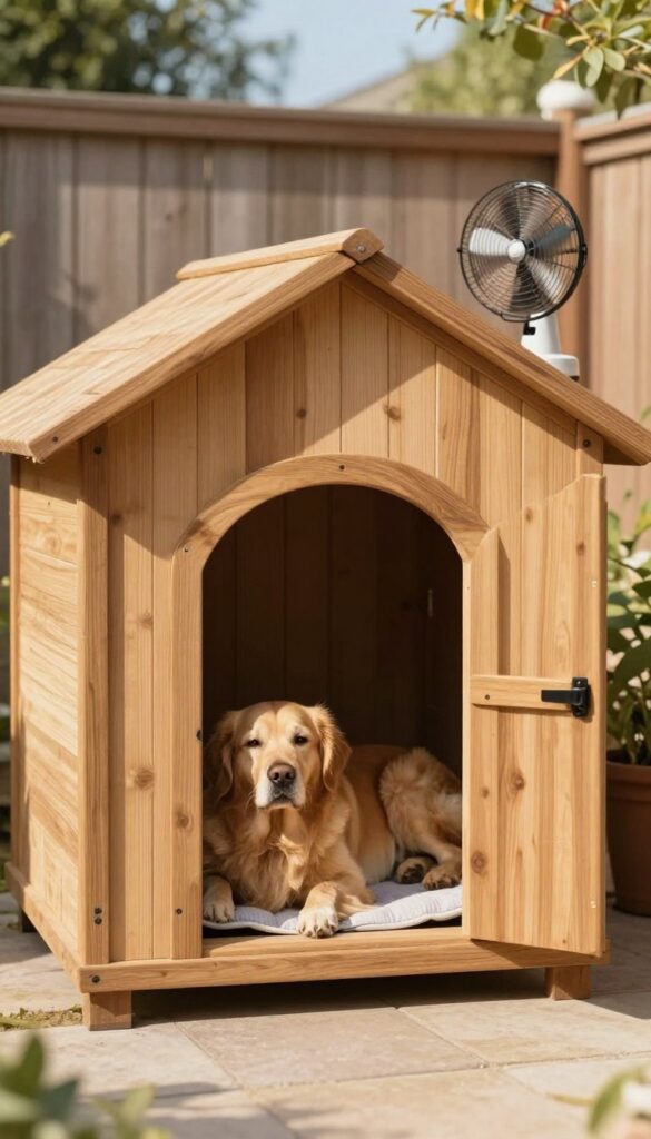 Large wooden dog house with built-in cooling system featuring a fan and cooling pads, a big breed dog resting inside