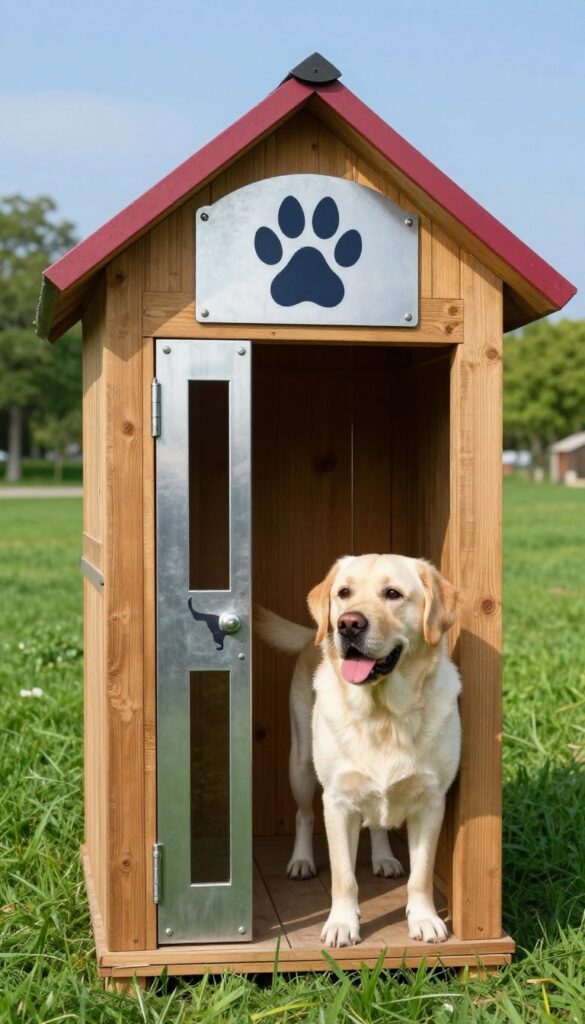 Metal dog house sign with bold paw print and Labrador silhouette on a wooden dog house in a sunny yard