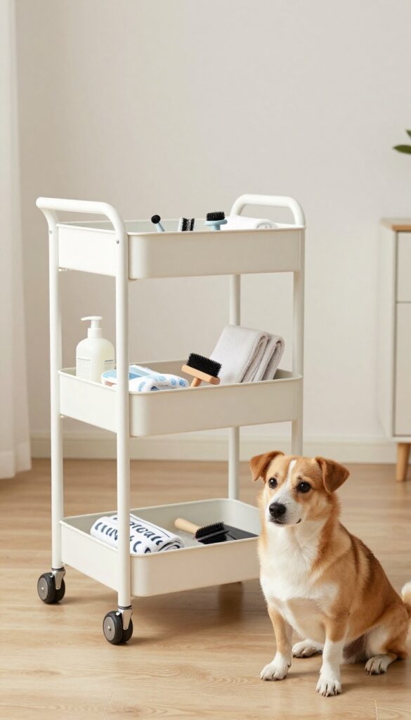 A portable grooming cart on wheels with organized supplies in a bright home setting, featuring a calm small to medium-sized dog nearby.