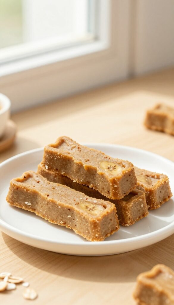 Homemade peanut butter banana soft bites for dogs, arranged on a white plate with a wooden background, showcasing soft, chewy dog treats made from whole foods like banana, peanut butter, and oat flour.