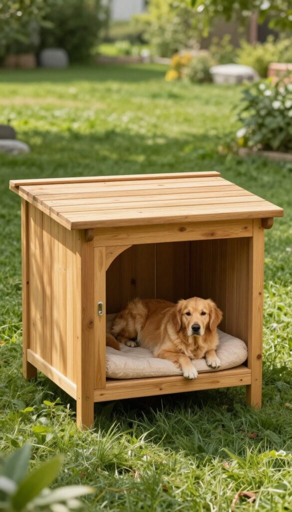 Elevated dog house with covered porch in backyard