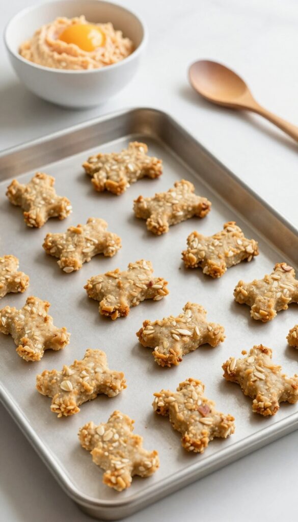 Homemade salmon oat hypoallergenic dog treats on a baking tray and plate, with cooking props, in bright natural light.