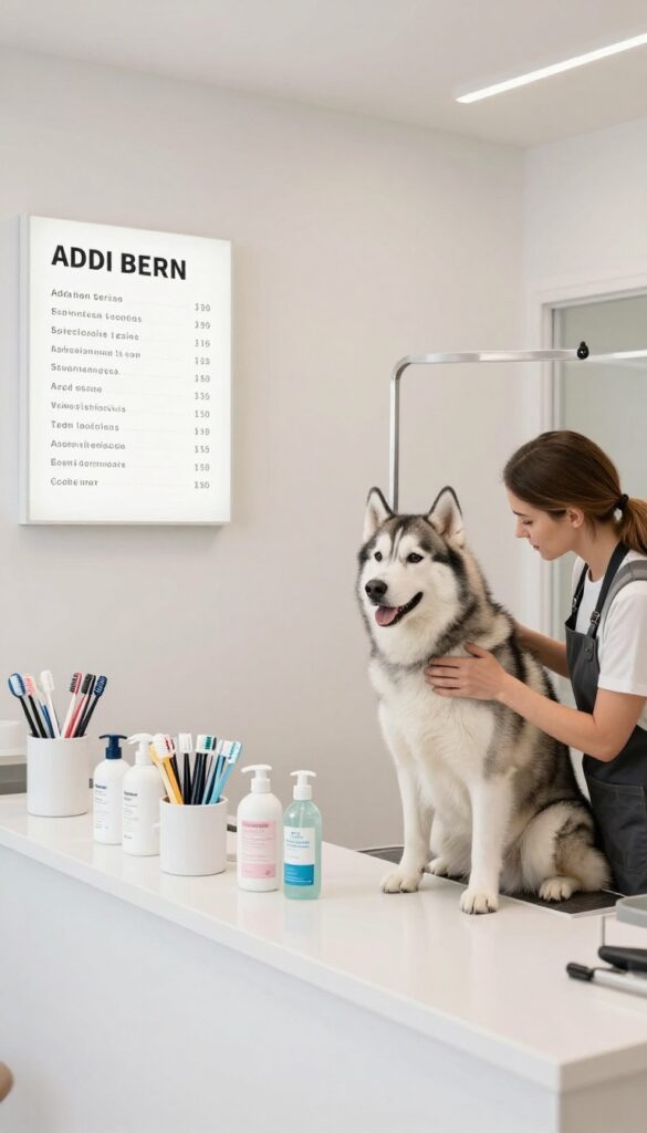 A photorealistic image of a dog grooming shop showcasing organized add-on services like toothbrushes and moisturizers on a clean counter with a clear price menu board and a happy dog receiving personalized care in bright natural light.