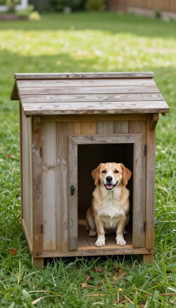 Elevated pallet dog house with deck in sunny backyard