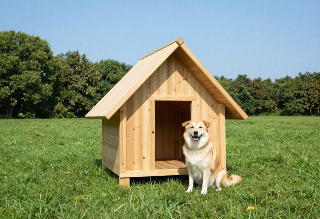 A stylish cedar A-frame dog house on a green lawn with a dog sitting beside it under a blue sky.