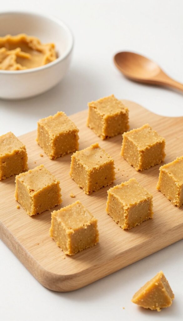 Homemade peanut butter pumpkin soft cubes for dogs, arranged on a wooden cutting board with natural lighting, showing their soft texture and golden-brown color.
