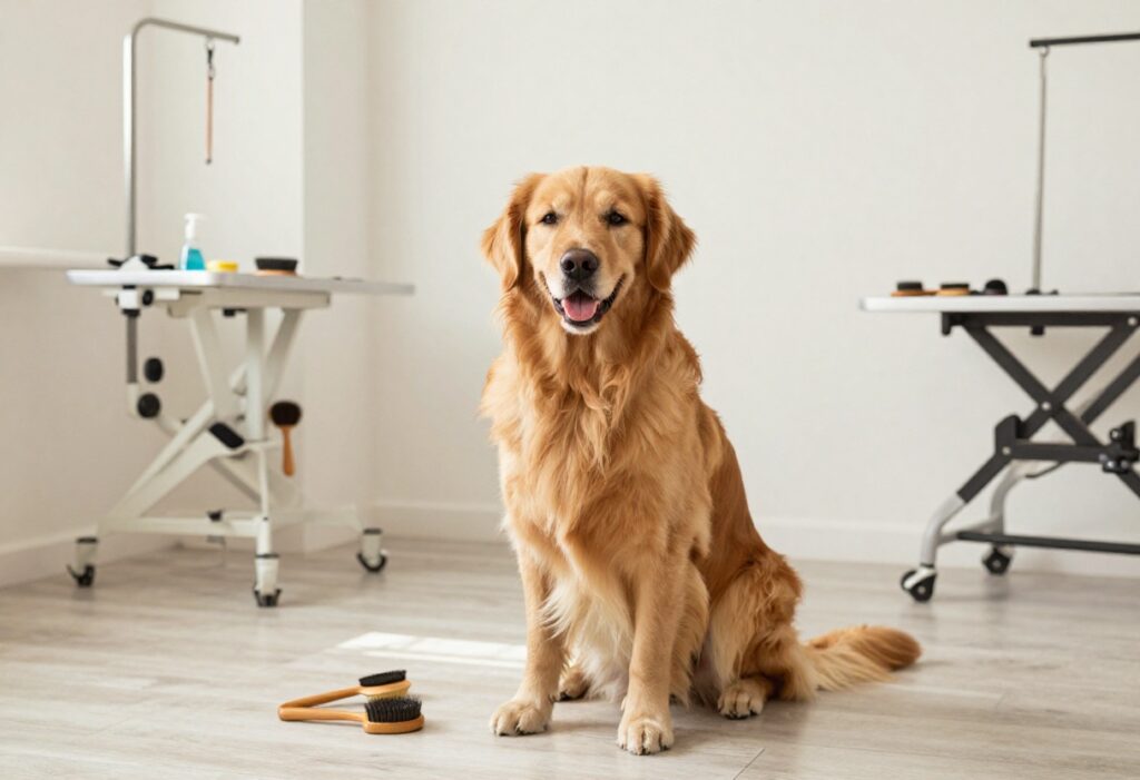 A well-groomed long-haired dog in a home grooming setup with brushes and tools, showcasing a practical and stylish dog care environment.