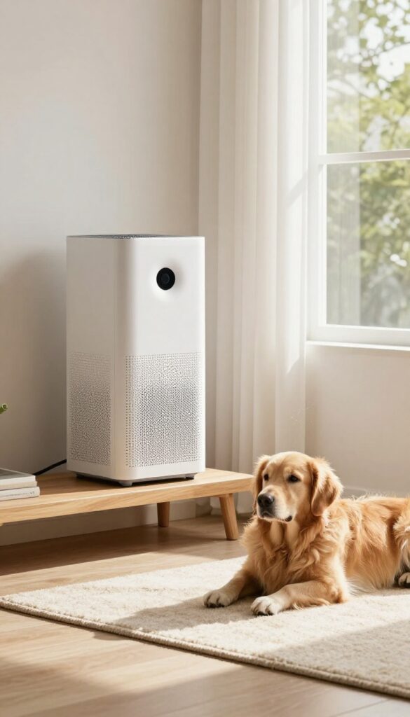 Modern air purifier in bright living room with Golden Retriever resting nearby