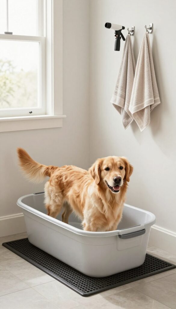 Mudroom dog wash station with golden retriever in plastic tub