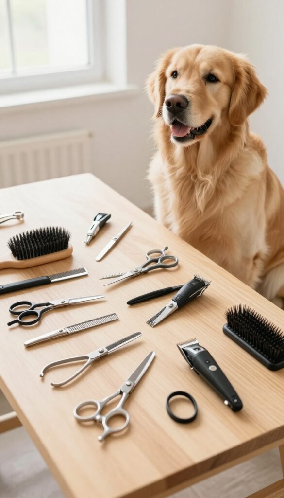 A multi-purpose dog grooming kit with scissors, clippers, and brushes arranged on a wooden table next to a calm Golden Retriever, illustrating beginner-friendly grooming tools in a bright, natural setting.