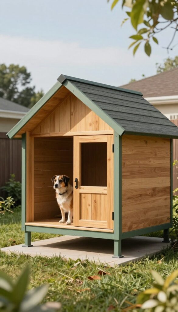 Mid-century modern A-frame dog house in a sunny backyard