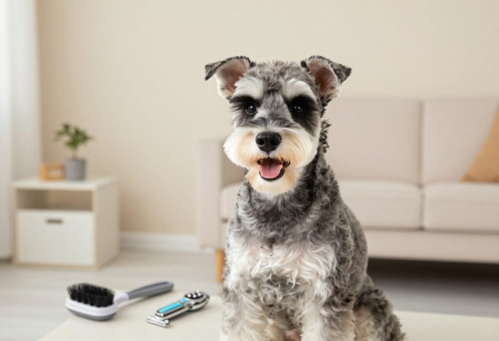 A well-groomed Schnauzer dog in a home environment, highlighting a practical haircut with grooming tools in the background.